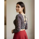 Generic Women's Ajrakh Cotton Printed V-Neck Padded Blouse (Navy 38 Ready (Self Alterable 36–40) - Image 3