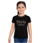 Generic Girl's Cotton Printeded Round Neck T-Shirt (Black)