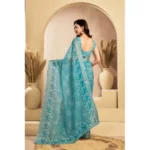 Generic Women's Faux_Linen Printed Ready-to-Wear Saree With Unstitched Blouse 5.5 Mtr (Aqua_Blue) - Image 4
