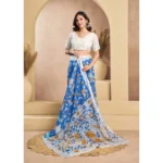 Generic Women's Faux_Linen Printed Ready-to-Wear Saree With Unstitched Blouse 5.5 Mtr (Blue) - Image 3