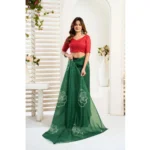 Generic Women's Faux_Linen Printed Ready-to-Wear Saree With Unstitched Blouse 5.5 Mtr (Dark_Green) - Image 3