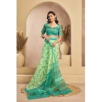 Generic Women's Faux_Linen Printed Ready-to-Wear Saree With Unstitched Blouse 5.5 Mtr (Light_Green) - Image 3
