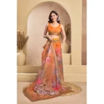 Generic Women's Faux_Linen Printed Ready-to-Wear Saree With Unstitched Blouse 5.5 Mtr (Orange) - Image 3