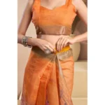 Generic Women's Faux_Linen Printed Ready-to-Wear Saree With Unstitched Blouse 5.5 Mtr (Orange) - Image 2