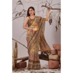 Generic Women's Faux_Linen Printed Saree With Unstitched Blouse 5.5Mtr (Beige) - Image 4