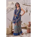 Generic Women's Faux_Linen Printed Saree With Unstitched Blouse 5.5Mtr (Navy_Blue) - Image 4