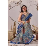 Generic Women's Faux_Linen Printed Saree With Unstitched Blouse 5.5Mtr (Navy_Blue) - Image 3