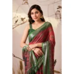 Generic Women's Faux_Linen Printed Saree With Unstitched Blouse 5.5Mtr (Maroon) - Image 4