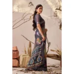 Generic Women's Faux_Linen Printed Saree With Unstitched Blouse 5.5Mtr (Navy_Blue) - Image 4