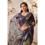 Generic Women's Faux_Linen Printed Saree With Unstitched Blouse 5.5Mtr (Navy_Blue) - Image 3