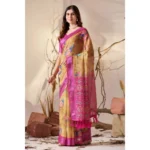 Generic Women's Faux_Linen Printed Saree With Unstitched Blouse 5.5Mtr (Gold) - Image 4