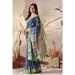 Generic Women's Faux_Linen Printed Saree With Unstitched Blouse 5.5Mtr (Navy_Blue) - Image 4
