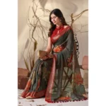 Generic Women's Faux_Linen Printed Saree With Unstitched Blouse 5.5Mtr (Dark_Green) - Image 3