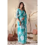 Generic Women's Georgette Printed Saree With Unstitched Blouse 5.5Mtr (Aqua_Blue) - Image 4