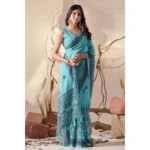 Generic Women's Georgette Printed Saree With Unstitched Blouse 5.5Mtr (Aqua_Blue) - Image 4