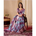 Generic Women's Faux_Silk Printed Saree With Unstitched Blouse 5.5Mtr (Blue) - Image 3