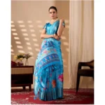 Generic Women's Faux_Silk Printed Saree With Unstitched Blouse 5.5Mtr (Sky_Blue) - Image 4