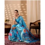 Generic Women's Faux_Silk Printed Saree With Unstitched Blouse 5.5Mtr (Sky_Blue) - Image 3