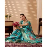 Generic Women's Faux_Silk Printed Saree With Unstitched Blouse 5.5Mtr (Aqua_Blue) - Image 3