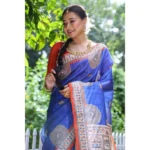 Generic Women's Faux_Tussar_Silk Printed Saree With Unstitched Blouse 5.5Mtr (Navy_Blue) - Image 3