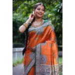 Generic Women's Faux_Tussar_Silk Printed Saree With Unstitched Blouse 5.5Mtr (Orange) - Image 3