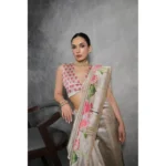 Generic Women's Cotton Printed Saree With Unstitched Blouse 5.5 Mtr (Cream) - Image 3