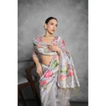 Generic Women's Cotton Printed Saree With Unstitched Blouse 5.5 Mtr (Grey) - Image 3