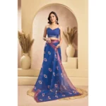 Generic Women's Linen Cotton Printed Ready To Wear Saree With Unstitched Blouse 5.5 Mtr (Blue) - Image 3