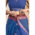 Generic Women's Linen Cotton Printed Ready To Wear Saree With Unstitched Blouse 5.5 Mtr (Blue) - Image 2