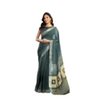 Generic Women's Linen Cotton Printed Ready To Wear Saree With Unstitched Blouse 5.5 Mtr (Light_Teal)