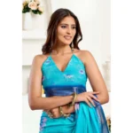 Generic Women's Linen Cotton Printed Ready To Wear Saree With Unstitched Blouse 5.5 Mtr (Light_Aqua_Blue) - Image 2