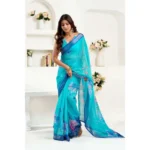 Generic Women's Linen Cotton Printed Ready To Wear Saree With Unstitched Blouse 5.5 Mtr (Light_Aqua_Blue) - Image 3