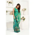 Generic Women's Linen Cotton Printed Ready To Wear Saree With Unstitched Blouse 5.5 Mtr (Green) - Image 3