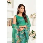 Generic Women's Linen Cotton Printed Ready To Wear Saree With Unstitched Blouse 5.5 Mtr (Green) - Image 2