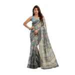 Generic Women's Linen Cotton Printed Ready To Wear Saree With Unstitched Blouse 5.5 Mtr (Grey)