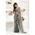 Generic Women's Linen Cotton Printed Ready To Wear Saree With Unstitched Blouse 5.5 Mtr (Grey) - Image 3