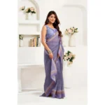 Generic Women's Linen Cotton Printed Ready To Wear Saree With Unstitched Blouse 5.5 Mtr (Light_Lavender) - Image 3