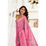Generic Women's Linen Cotton Printed Ready To Wear Saree With Unstitched Blouse 5.5 Mtr (Pink) - Image 3
