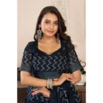 Generic Women's Linen Cotton Printed Ready To Wear Saree With Unstitched Blouse 5.5 Mtr (Black) - Image 2