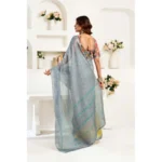Generic Women's Linen Cotton Printed Ready To Wear Saree With Unstitched Blouse 5.5 Mtr (Grey) - Image 4