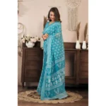 Generic Women's Linen Cotton Printed Ready To Wear Saree With Unstitched Blouse 5.5 Mtr (Aqua_Blue) - Image 3