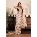 Generic Women's Linen Cotton Printed Ready To Wear Saree With Unstitched Blouse 5.5 Mtr (Light_Peach) - Image 3