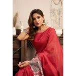 Generic Women's Linen Cotton Printed Ready To Wear Saree With Unstitched Blouse 5.5 Mtr (Red) - Image 3
