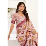 Generic Women's Linen Cotton Printed Ready To Wear Saree With Unstitched Blouse 5.5 Mtr (Maroon) - Image 3