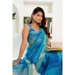 Generic Women's Linen Cotton Printed Ready To Wear Saree With Unstitched Blouse 5.5 Mtr (Blue) - Image 3