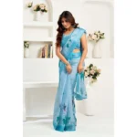 Generic Women's Linen Cotton Printed Ready To Wear Saree With Unstitched Blouse 5.5 Mtr (Sky_Blue) - Image 3