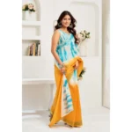 Generic Women's Linen Cotton Printed Ready To Wear Saree With Unstitched Blouse 5.5 Mtr (Aqua_Blue) - Image 3