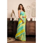 Generic Women's Linen Cotton Printed Ready To Wear With Pocket Saree With Unstitched Blouse 5.5 Mtr (Light_Aqua_Blue) - Image 3