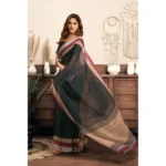 Generic Women's Linen Cotton Plain Ready To Wear With Pocket Saree With Unstitched Blouse 5.5 Mtr (Black) - Image 3