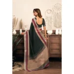 Generic Women's Linen Cotton Plain Ready To Wear With Pocket Saree With Unstitched Blouse 5.5 Mtr (Black) - Image 4